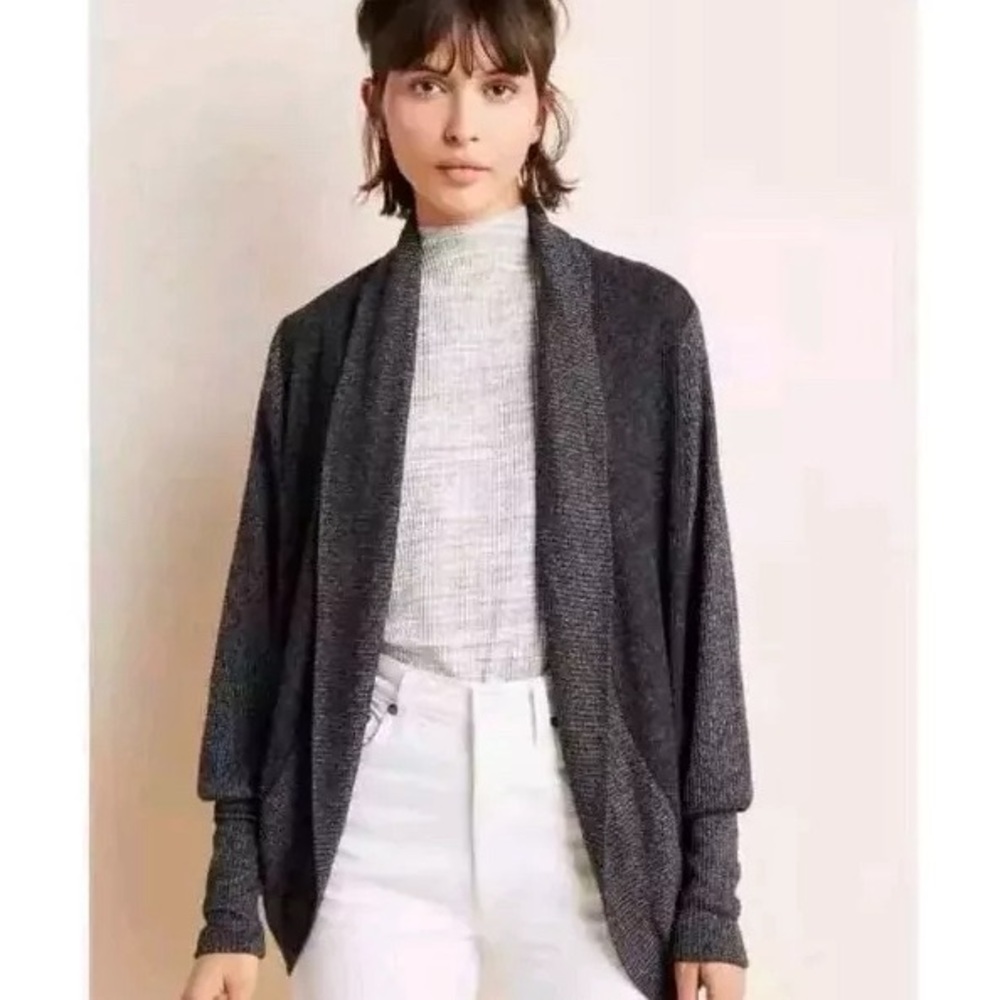 Anthropologie Maeve Cardigan Sweater Ingrid Cocoon Grey Black Ribbed Knit XS